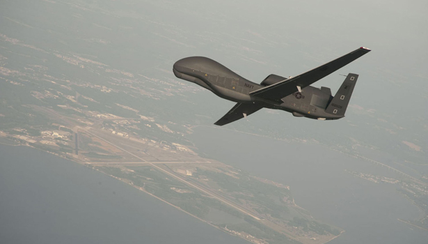 US Navy handout photo of a RQ-4 Global Hawk drone over Naval Air Station Patuxent River