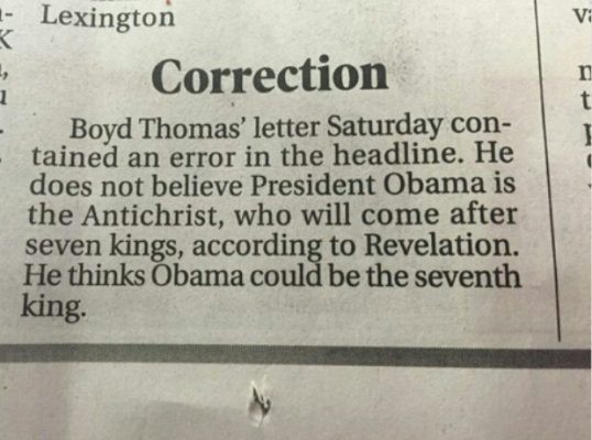 Newspaper Correction – No, OBAMA Is NOT The Antichrist