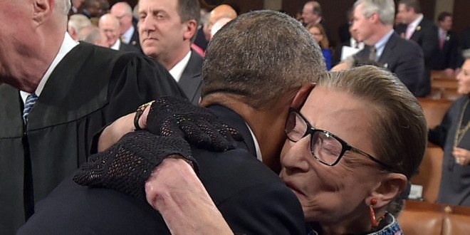 WASHINGTON, DC - JANUARY 20:  U.S. President Barack Obama hugs Supreme Court Justice Ruth Bader Ginsburg as arrives to deliver the State of the Union address on January 20, 2015 in the House Chamber of the U.S. Capitol in Washington, DC. Obama was expected to lay out a broad agenda to address income inequality, making it easier for Americans to afford college education, and child care.  (Photo by Mandel Ngan-Pool/Getty Images)